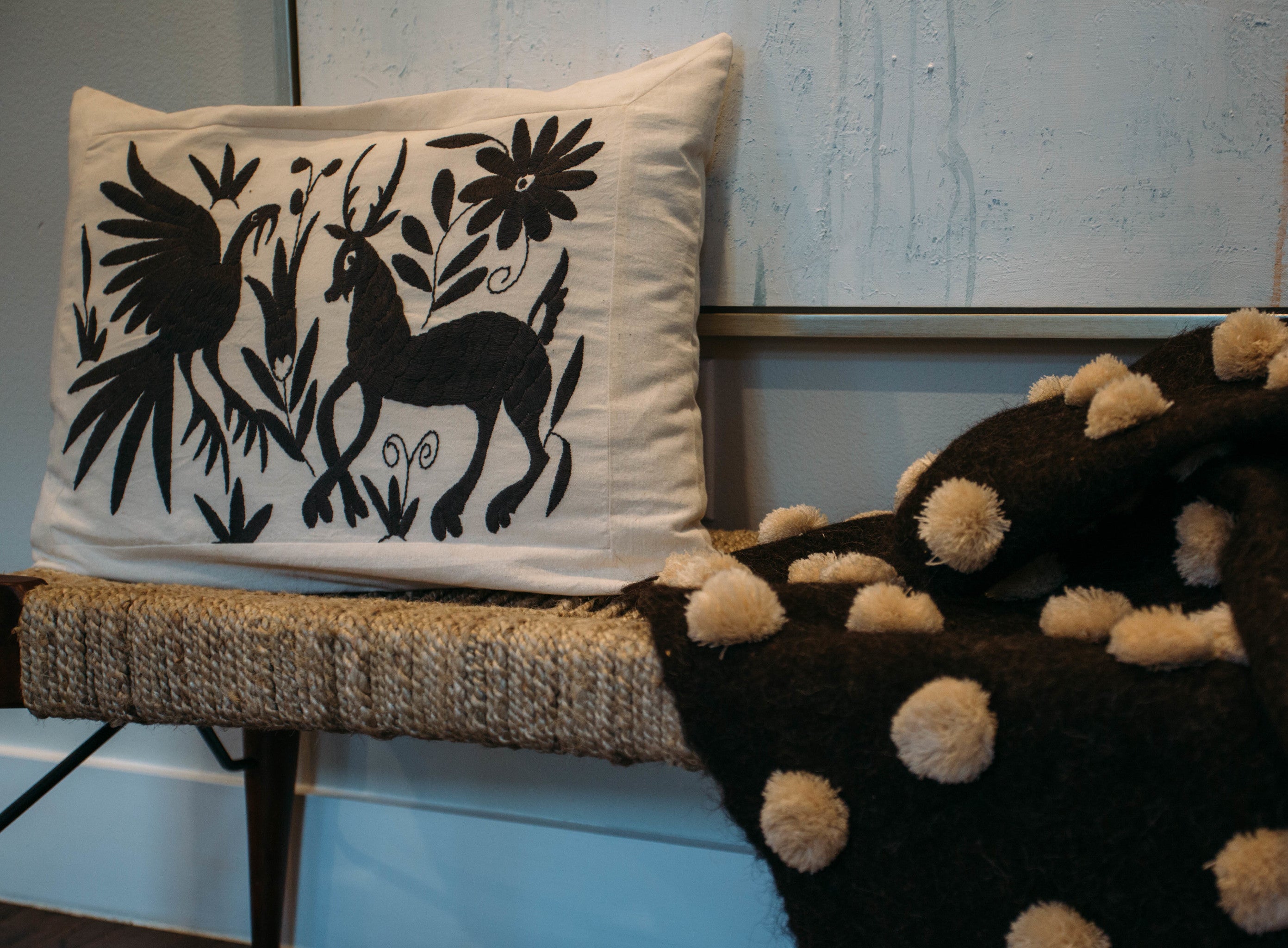 Hand-Embroidered Charcoal Otomi Pillow