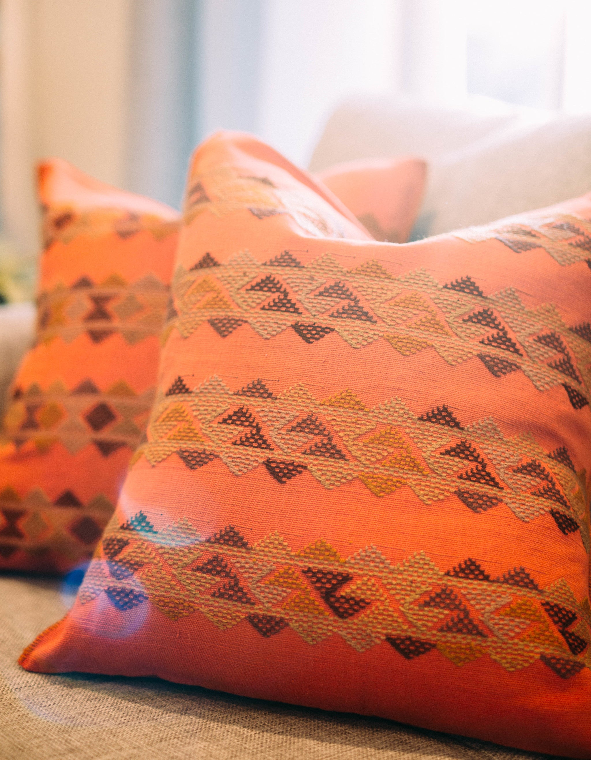 Hand-Loomed and Hand Embroidered Orange Geometric Pillow