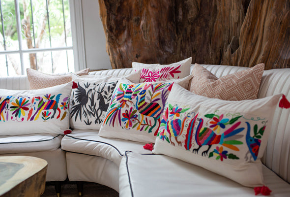Hand-Made Otomi Pillow with Pink Tassels