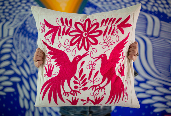 Hand-Embroidered Pink Otomi Pillow
