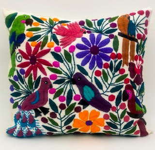 SOLD Hand-Loomed and Hand Embroidered Tropical White Pillow